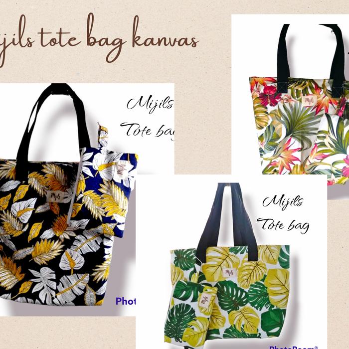 Gambar Tote bag + pouch set kanvas motif montsera hijau big resleting dari Mijils undefined Tokopedia
