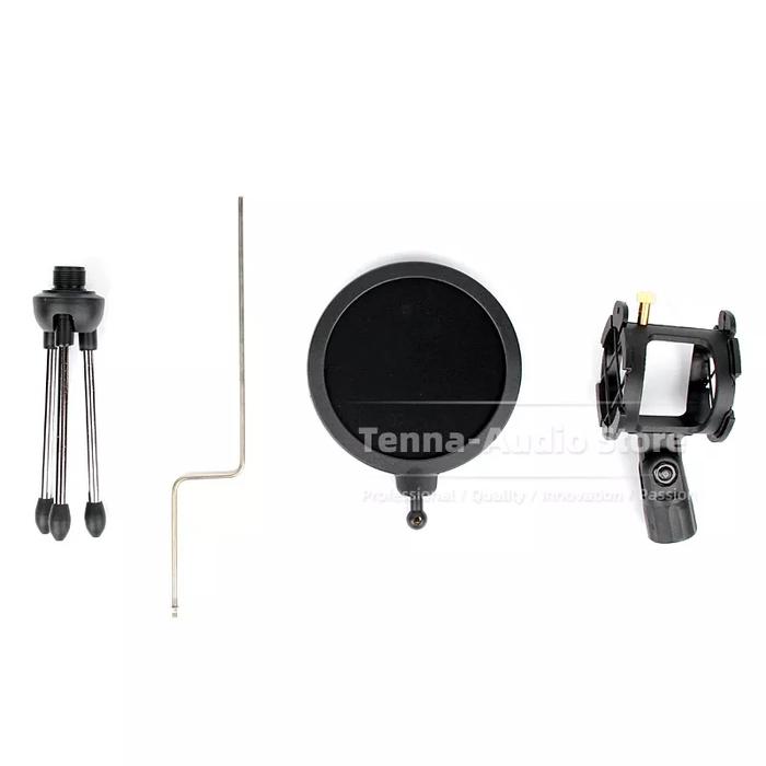 Gambar Mini tripod stand mic dengan shock mount with pop filter dekstop Accessories Logam Plastik Hitam - Full Set 3 in 1 dari Tenna Audio Store undefined Tokopedia