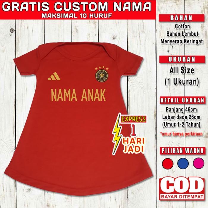 Gambar Dress Anak Perempuan JERMAN Custom Nama Baju Bola Bayi Cewek 1-2 Tahun - Merah-Gold, All Size dari Custom.Aja.Yuk undefined Tokopedia
