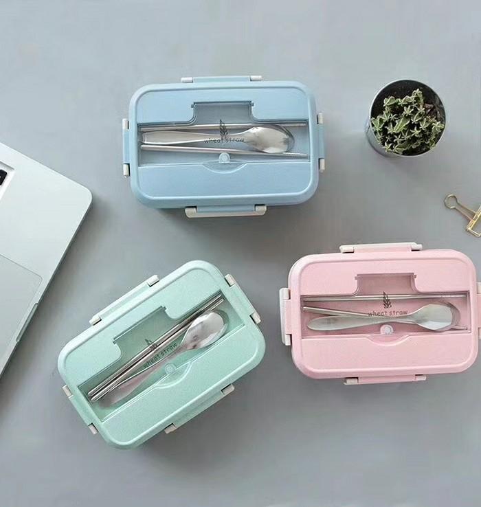 Gambar Kotak Tempat makan Bahan Jerami Gandum Lunch Box Dengan Sendok Garpu - POLOS dari anabelle.shop undefined Tokopedia