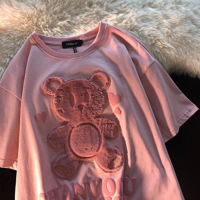 Gambar Ins Korean Bear Loose Tshirt Couple BF Harajuku HGD961 - Pink, M dari XQT Studio undefined Tokopedia