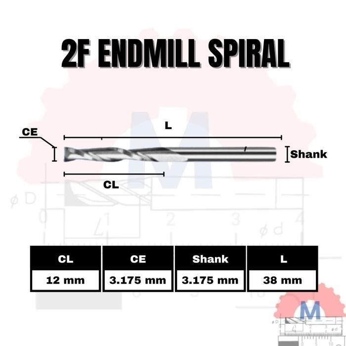 Gambar Endmill 2F spiral 3.175mm carbide 1/4 inchi cnc router bit - CL 12 mm dari Machining Solution undefined Tokopedia
