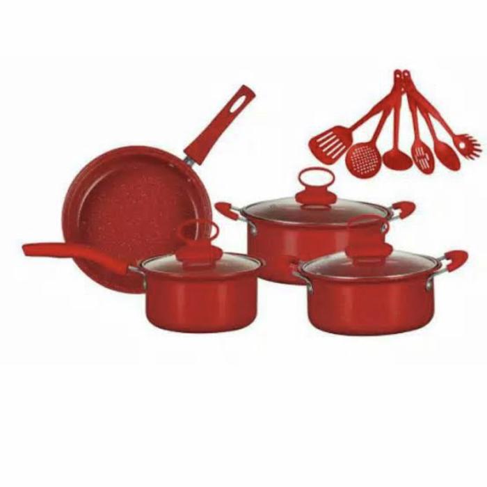Gambar Panci Set Enamel Hitam 13 pcs anti Lengket ( panci, wajan, spatula) - Merah dari Cellis Houseware undefined Tokopedia