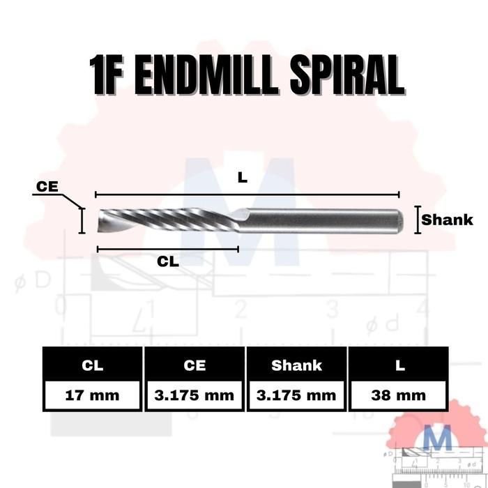 Gambar Endmill 1F spiral 3.175mm single flute end mill CNC router bit - CL 17 mm dari Machining Solution undefined Tokopedia