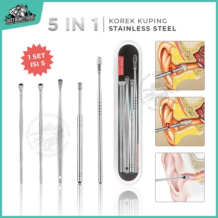 Gambar Pembersih Telinga 5 in 1 Stainless Korek Kuping Set Cotton Bud EarPick dari DISTRIBUTHOR undefined Tokopedia