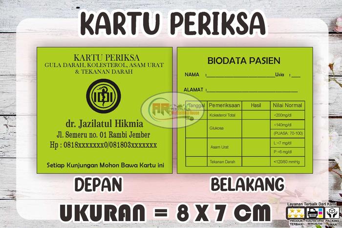 Gambar 100 PCS KARTU PERIKSA GULA DARAH, KOLESTEROL, ASAM URAT dan TENSI - Hijau muda, custom nama dari AR MULTIMEDIA undefined Tokopedia