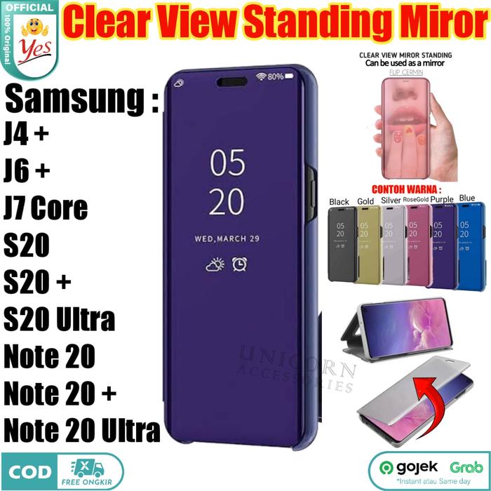 Case Clear View S20 Ultra Note 20 J7 J6 J4 Samsung Sarung Flip Miror  Gold Biru, Note 20 Ultra