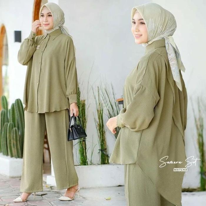 Gambar Setelan Wanita Kekinian Sama Set Bahan Crinkle Air Flow Baju + Celana - Matcha dari Frilly Oficial Store undefined Tokopedia