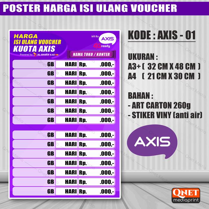 Gambar POSTER STIKER KONTER DAFTAR HARGA ISI ULANG VOUCHER + LAMINASI GLOSSY - AXIS - 01, A4 21cm x 30cm dari Qnet Media undefined Tokopedia