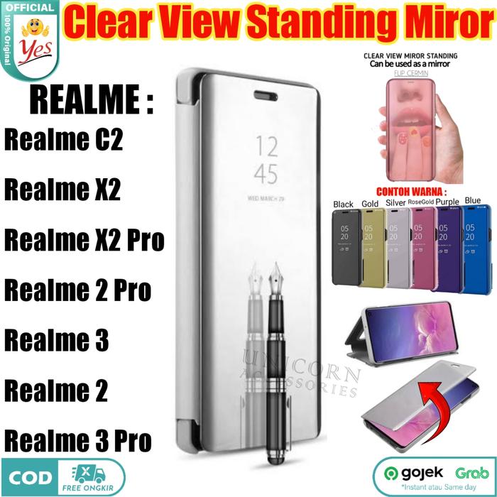 Case Clear View C2 X2 Pro Pro Realme Sarung Flip Miror Casing Gold  Biru, Realme X2 Pro