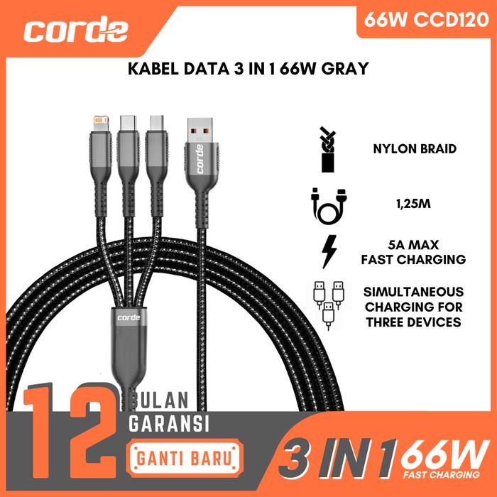 Gambar CORDE Cable Data 3 in 1 Fast Charging 66W Lightning Micro USB Type C - Abu-abu dari Corde Pekanbaru undefined Tokopedia