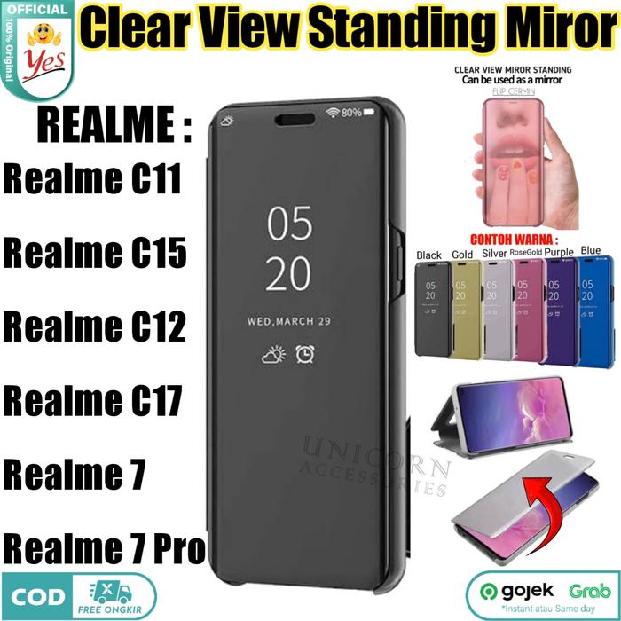Case Clear View C11 C15 C12 C17 Pro Realme Sarung Flip Miror Casing  Gold Biru, Realme Pro