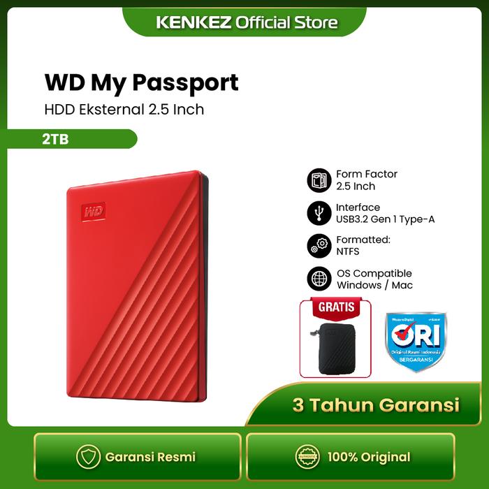 Gambar WD My Passport HDD / Hardisk Eksternal 2TB USB3.2 + Hardcase - Merah dari Kenkez-com undefined Tokopedia