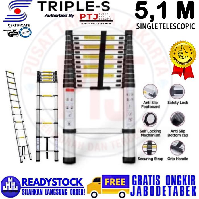 Gambar Tangga Single Teleskopik ALUMUNIUM TRIPLE S - 5,1 Meter dari Pusat Tangga Jakarta undefined Tokopedia