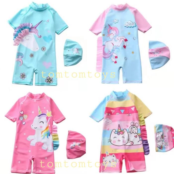 Jual Baju Renang Anak Cewek UNICORN Swimsuit Terusan Pendek Topi