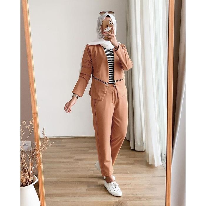 Gambar Setelan Baju Atasan Kemeja Celana Wanita KATRINE Wafel Uniqlo polos - mocha dari Birulaut-shop undefined Tokopedia