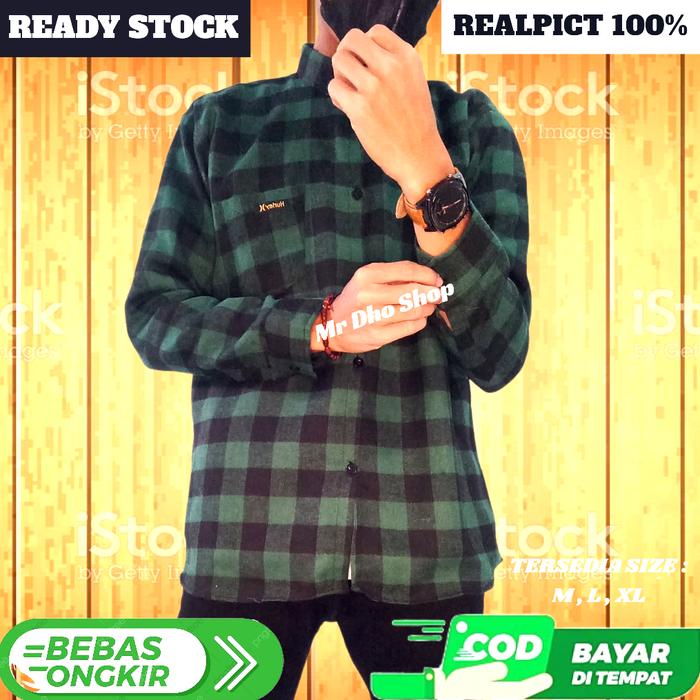 Gambar Kemeja Flanel Pria Lengan panjang Distro Orginal Outfit Cowo Kekinian - Hijau catur, M dari Mr Dho shop undefined Tokopedia