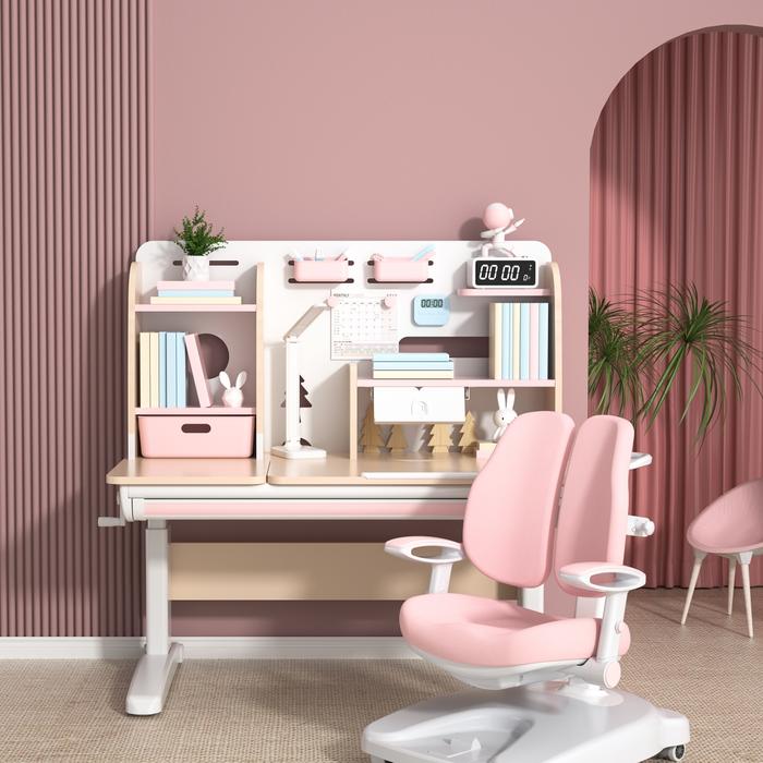 Gambar paket adjustable desk with book shelf ergonomic chair kursi meja anak - soft pink dari CHESS.MAKMUR undefined Tokopedia