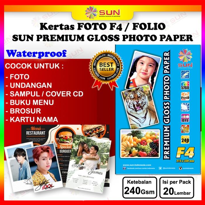 Gambar Kertas Foto SUN Premium Gloss Photo Glossy Paper 120 Gsm A4 - 240 gsm F4, Surabaya dari Sun Indonesia undefined Tokopedia