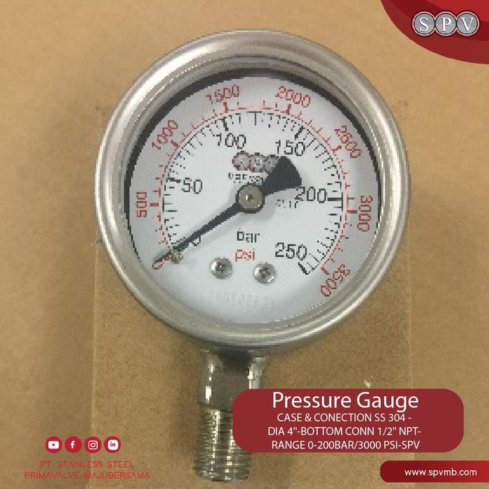 Gambar PRESSURE GAUGE BOTTOM CONNECTION SS 304 DIA 4.0 INCH - 200BAR/3000PSI dari SPVMB SHOP undefined Tokopedia