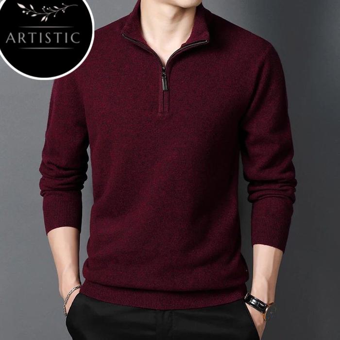 Gambar Sweater Rajut Pria Knit Zipper Turtleneck Kasual Cotton Premium - Maroon, 4XL dari Artistic Fashion undefined Tokopedia