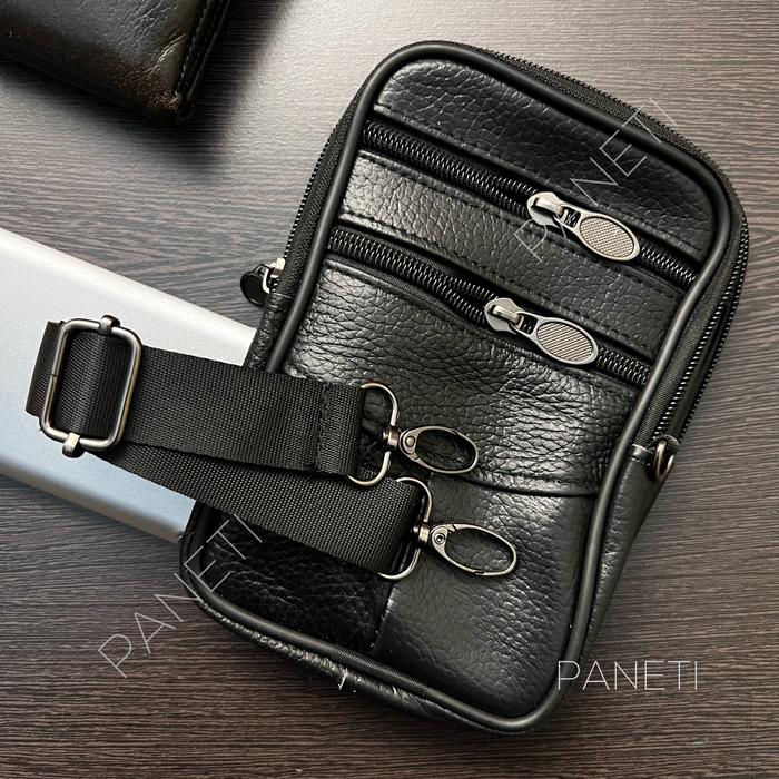 Gambar Tas Pinggang / Tas Selempang Kulit Asli Multifungsi Tas HP Pria - Black dari PANETI.ID undefined Tokopedia