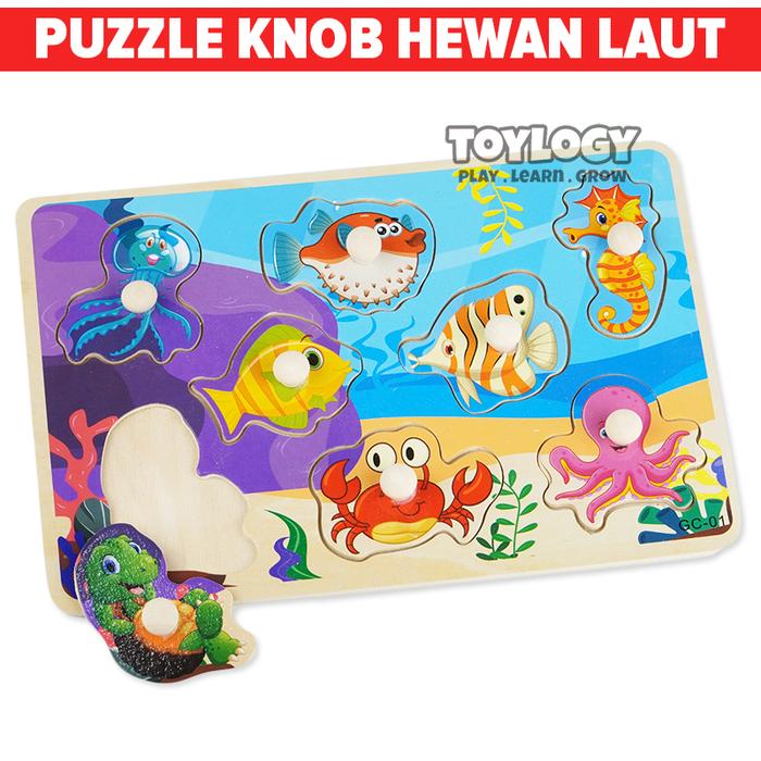 Gambar Mainan Edukasi Anak Puzzle Kayu Pin Knop Hewan Laut Serangga Wooden - Biru dari Toylogy undefined 4 Tokopedia