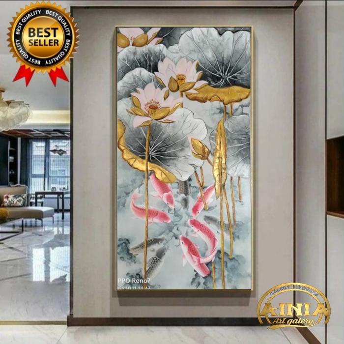 Jual Lukisan ikan koi Fengshui Timbul ukuran 80 cm x 150 cm plus Frame ...