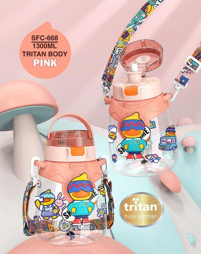 Gambar Botol Plastik Tritan Anak SFC-668 Tali Panjang&Sedotan 1300Ml - Merah Muda dari Ollahomeliving undefined Tokopedia