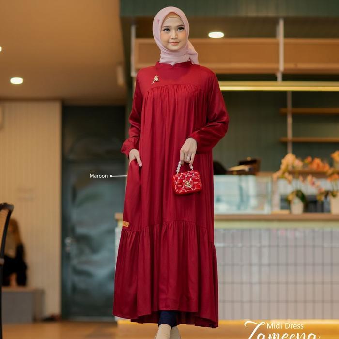 Gambar ZAMEENA MIDI DRESS BY HIJAB AR RAFI - Maroon, XL dari Auroraaqila_hijab undefined Tokopedia