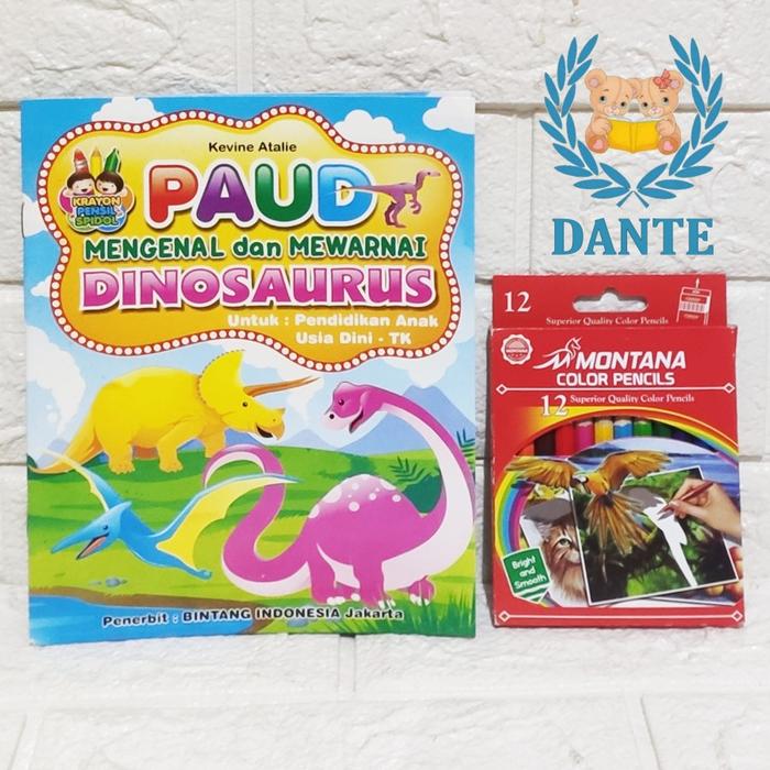 Gambar Paket Buku Mewarnai dan Pensil 12 warna - Paket Dinosauru dari Dante undefined Tokopedia