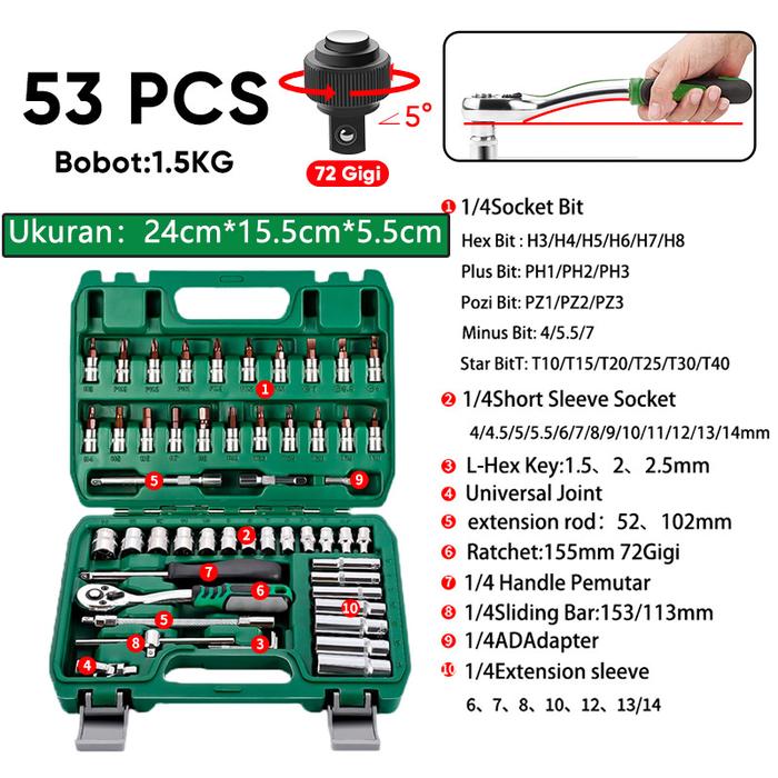 Gambar Isku Kunci Sok Set 53pcs Kunci Shock Set Lengkap Kunci Mata Sok 53 PCS Set Socket (1/4 ") Full TOOL KIT 20PCS Kunci Mata Shock Dan 21pcs Drill Bit - 53pcs/72gigi dari ISKU Tools Official Store undefined Tokopedia