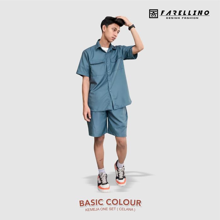 Gambar Setelan Baju Kemeja Dengan Celana Pendek Pria New Collar Shirt Ootd - Biru Denim, M dari Abelva-id undefined Tokopedia