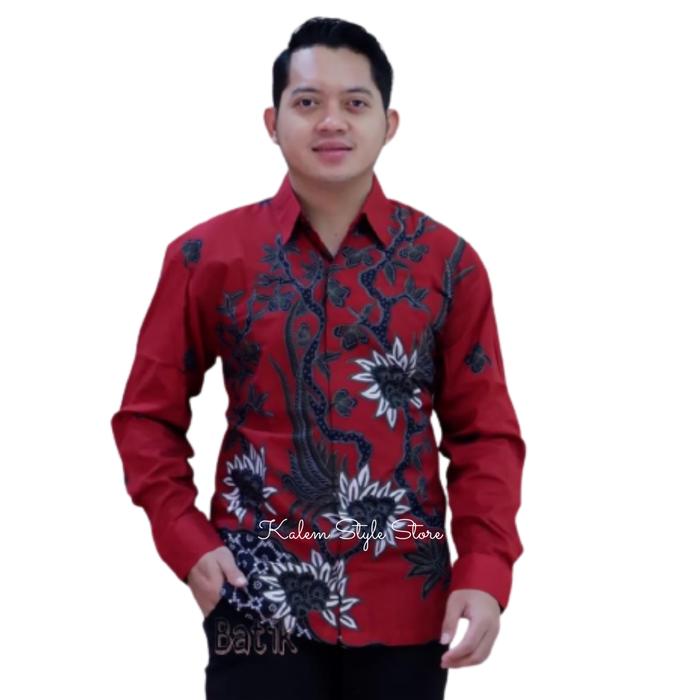 Gambar Kemeja Batik Pria Lengan Panjang Lapis Furing Warna Merah Maroon Solo - MERAH001, M dari KALEM STYLE STORE undefined Tokopedia