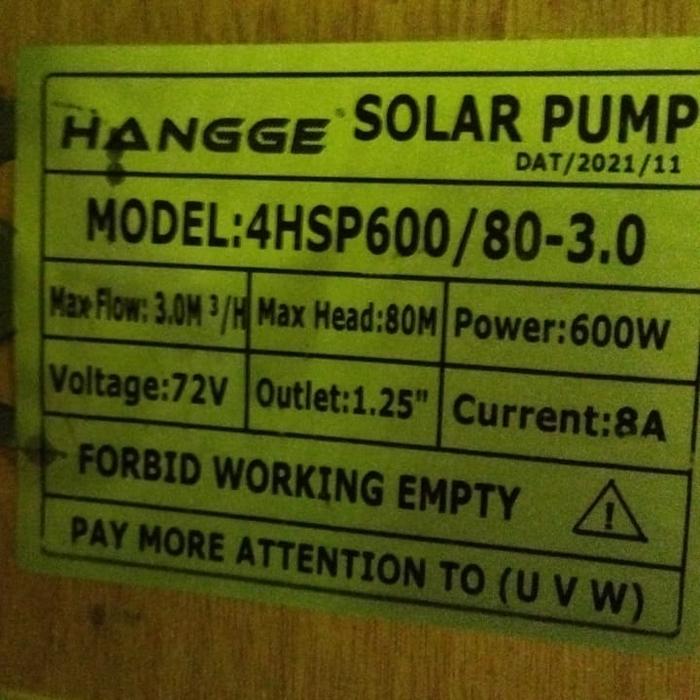 Pompa DC Submersible 72VDC 600Watt Head 80M Debit 3M3/jam