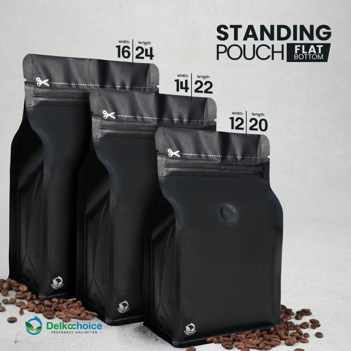 Gambar Kemasan Kopi/Kemasan Biji Bubuk Kopi/ Standing Pouch Flat Bottom - FB Black Valve, 18x26 dari Sultan Packing undefined Tokopedia