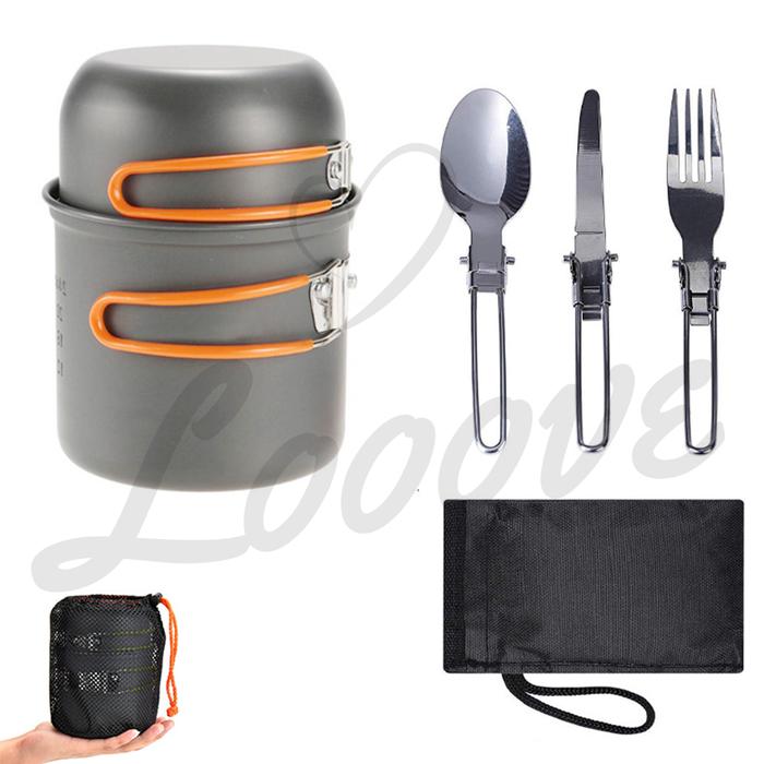 Gambar Cooking Set Camping Outdoor DS-101 & Sendok Garpu Pisau Lipat Portable - Orange dari looove store undefined Tokopedia