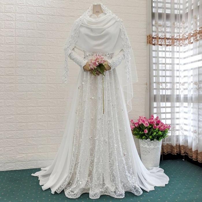 Gambar Gaun Pengantin Syari / Gaun Akad Muslimah / Gaun Pengantin Jumbo - FULL TANPA EKOR, M dari Fashion Bang Ay undefined Tokopedia