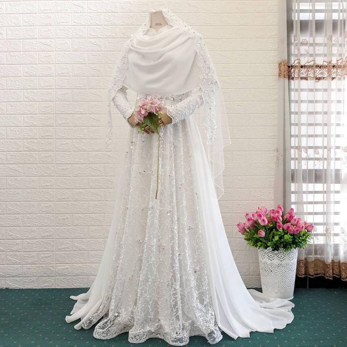 Gambar Gaun Pengantin Syari / Gaun Akad Muslimah / Gaun Pengantin Jumbo - FULLSET, XXL dari Fashion Bang Ay undefined Tokopedia