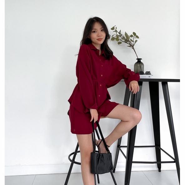 Gambar Setelan Celana Pendek Wanita dan Kemeja Lengan Panjang Set Kekinian - MAROON, L dari Outfitstylein undefined Tokopedia