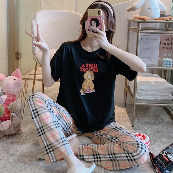 Gambar Piyama Baju Tidur Wanita Impor Lengan Pendek Celana Panjang - GARFIELD BLACK, FIT TO XL dari Baaju ID undefined Tokopedia