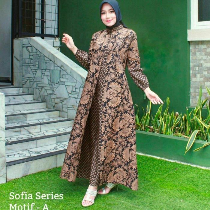 Gambar gamis batik muslimah modern cardi - gamis batik wanita - Cokelat, all size dari RR SHOP99 undefined Tokopedia