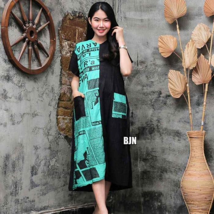 Gambar Dress Koran Andin Promo/Dress Kombinasi - Hijau Tosca dari BilBarca_Batik undefined Tokopedia