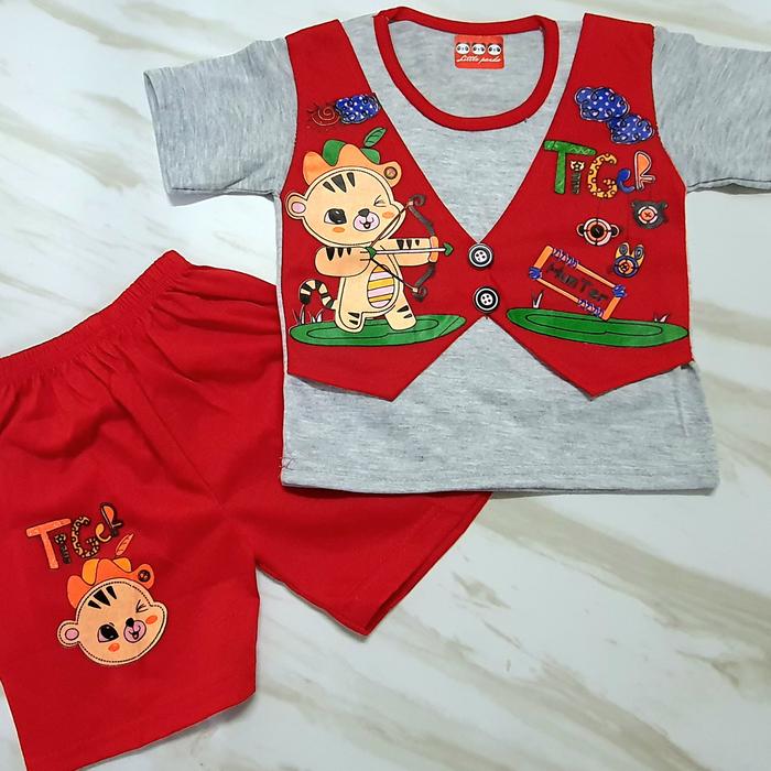 Gambar Setelan Baju Oblong Rompi Anak Laki Bayi Balita Murah "Tiger Hunter" - Merah dari Candy Jolly Kids undefined 4 Tokopedia