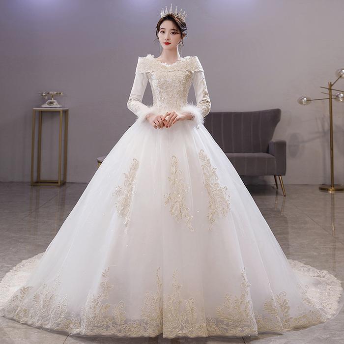 Gaun Pengantin 2202016 Putih Sabrina Lengan Panjang Wedding Dress - Tanpa Ekor, S Gaun Pengantin 2202016 Putih Sabrina Lengan Panjang Wedding Dress - Tanpa Ekor, S