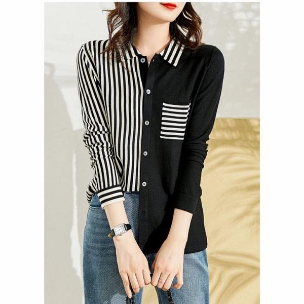 Gambar Atasan Kemeja Twoton Import Baju Salur Wanita Striped Korean Shirt New - Hitam dari Dewi Id undefined Tokopedia