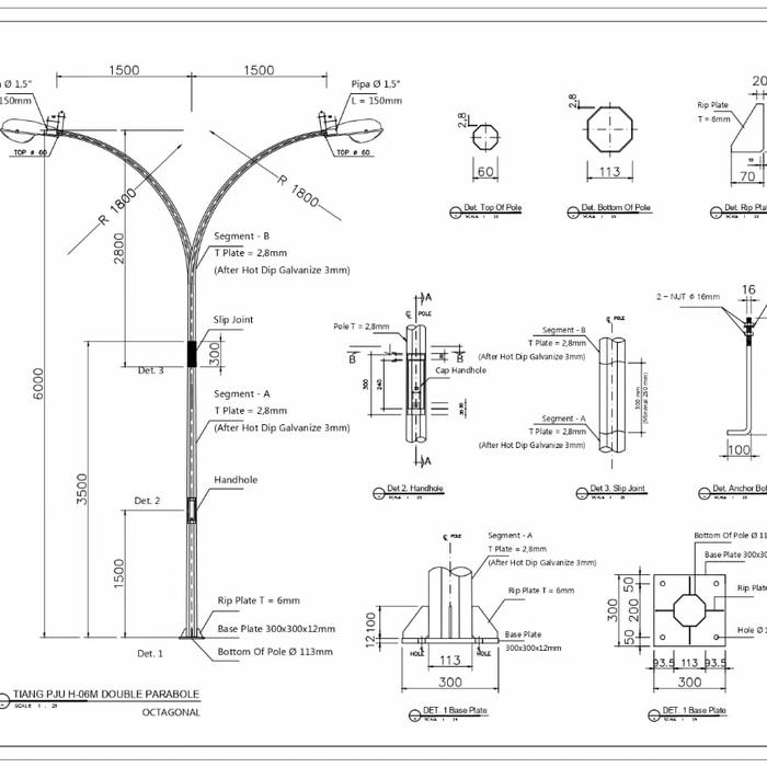 Gambar Tiang PJU Oktagonal 6 Meter Lengan Ganda Parabolic, Tiang Lampu Jalan dari Deltapole undefined Tokopedia