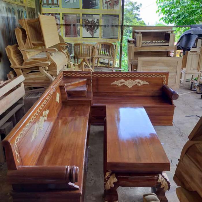 Gambar kursi tamu sudut kayu jati murah / set kursi ruang tamu kayu jati dari Befurnitureid undefined Tokopedia