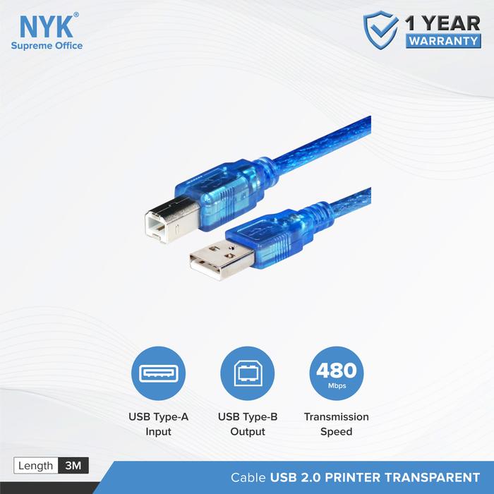 Gambar Kable NYK Cable USB 2.0 Printer Transparent - 3M dari NYK Indonesia undefined Tokopedia