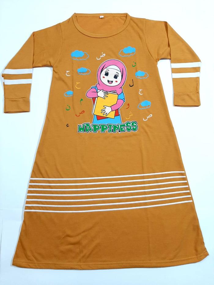 Gambar gamis anak muslim perempuan kaos tangan panjang cewek motif salur - -salur-kuning, gamis-1 thn=S dari LINGLANG FASHION undefined Tokopedia